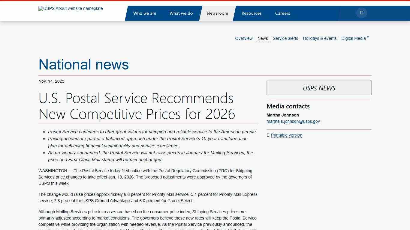 U.S. Postal Service Recommends New Competitive Prices for 2026 - Newsroom - About.usps.com